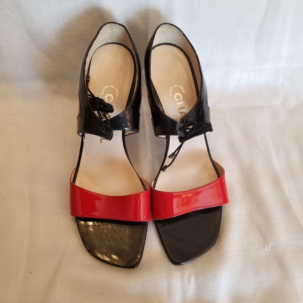 Unique patent leather Chanel heeled sandals